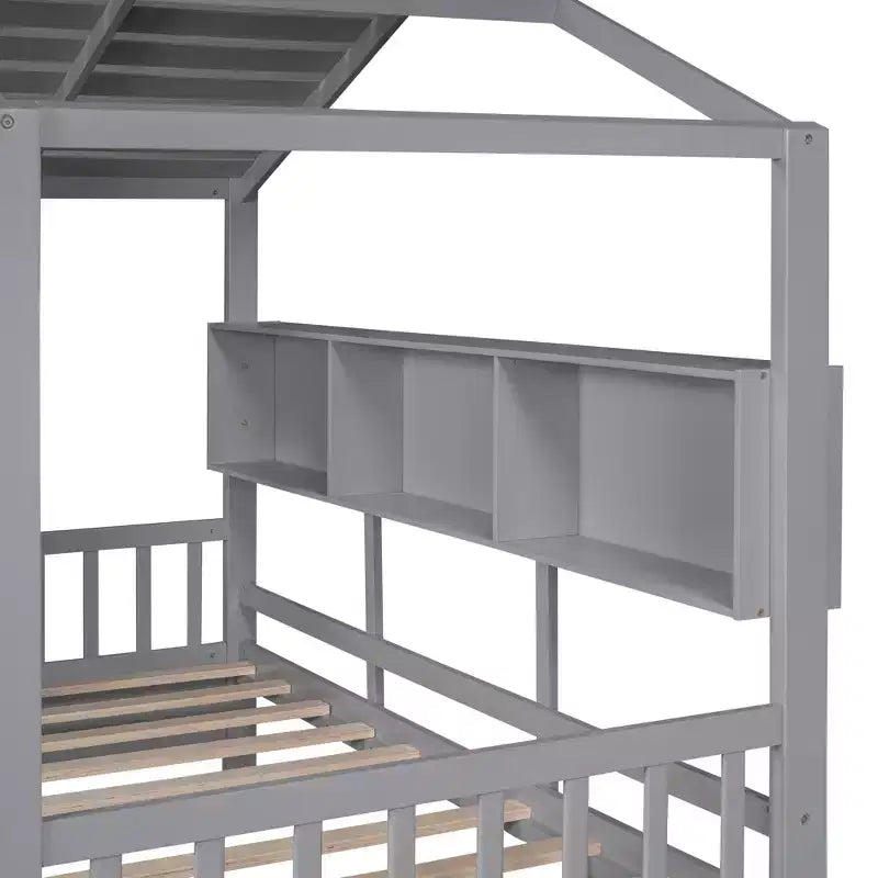 Lit cabane jumeau avec tiroirs de rangement, Cadre de lit cabane pour enfants avec étagères, Joli lit cabane double en bois avec toit pour enfants, filles, garçons, Gris