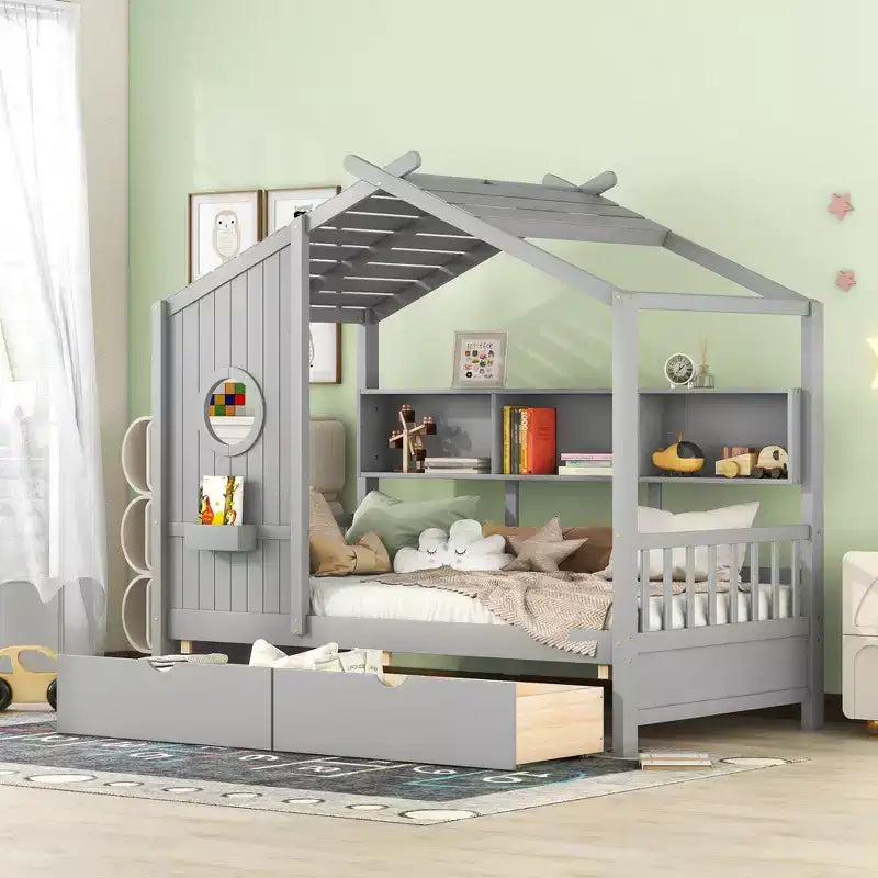 Lit cabane jumeau avec tiroirs de rangement, Cadre de lit cabane pour enfants avec étagères, Joli lit cabane double en bois avec toit pour enfants, filles, garçons, Gris