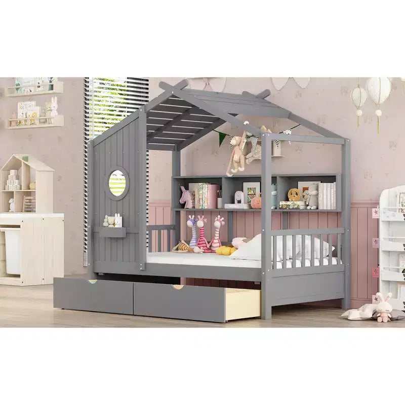 Lit cabane jumeau avec tiroirs de rangement, Cadre de lit cabane pour enfants avec étagères, Joli lit cabane double en bois avec toit pour enfants, filles, garçons, Gris