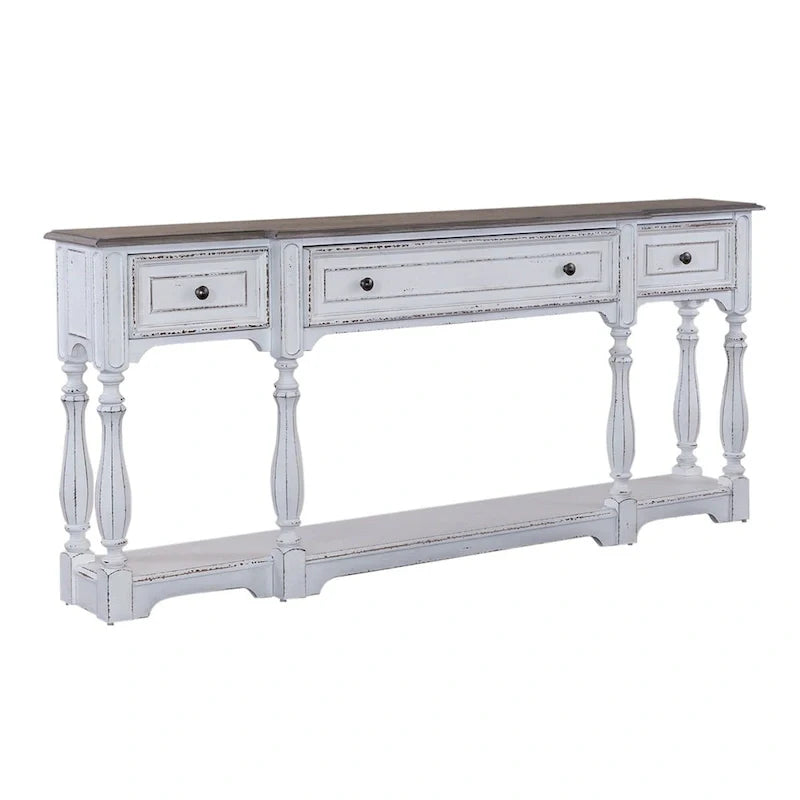 Console de hall 72 po blanc antique et écorce vieillie
