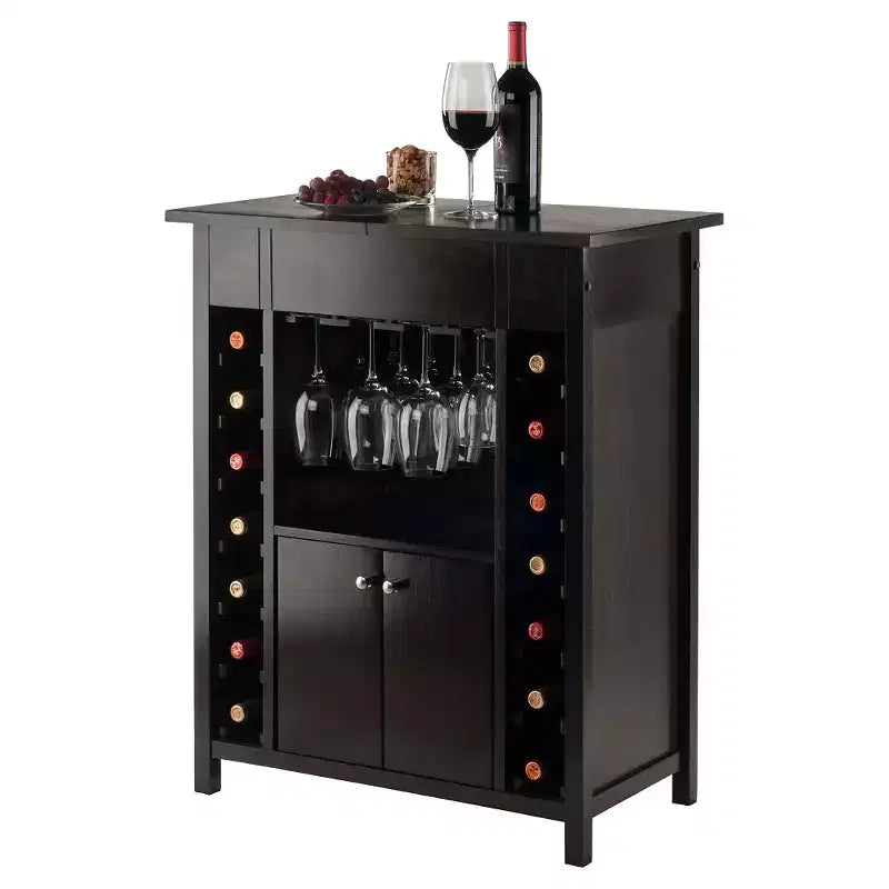 Meuble à Vin Bois/Espresso - Rangement à Alcool en Bois Massif, Casier 14 Bouteilles, Porte-Verres