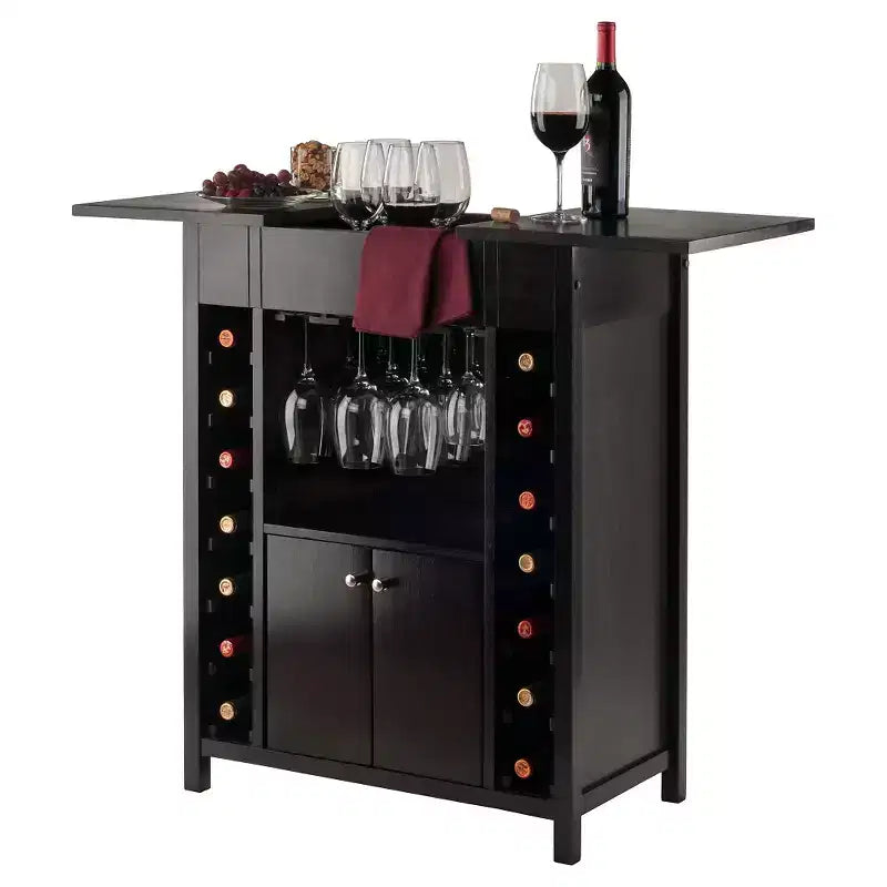 Meuble à Vin Bois/Espresso - Rangement à Alcool en Bois Massif, Casier 14 Bouteilles, Porte-Verres
