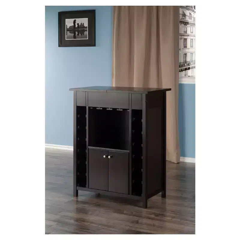 Meuble à Vin Bois/Espresso - Rangement à Alcool en Bois Massif, Casier 14 Bouteilles, Porte-Verres