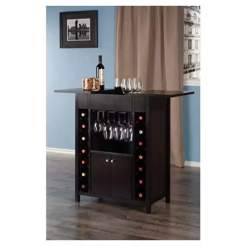 Meuble à Vin Bois/Espresso - Rangement à Alcool en Bois Massif, Casier 14 Bouteilles, Porte-Verres