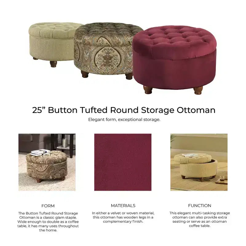 Pouf de rangement rond capitonné motif cachemire marron
