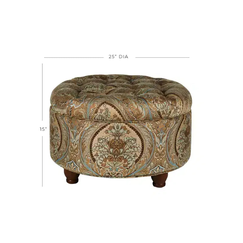 Pouf de rangement rond capitonné motif cachemire marron