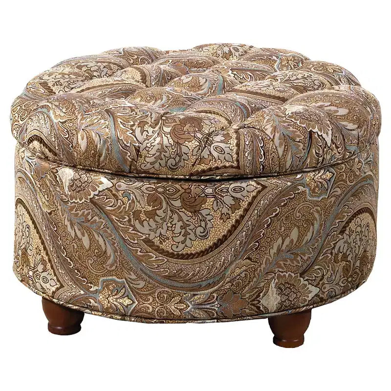 Pouf de rangement rond capitonné motif cachemire marron