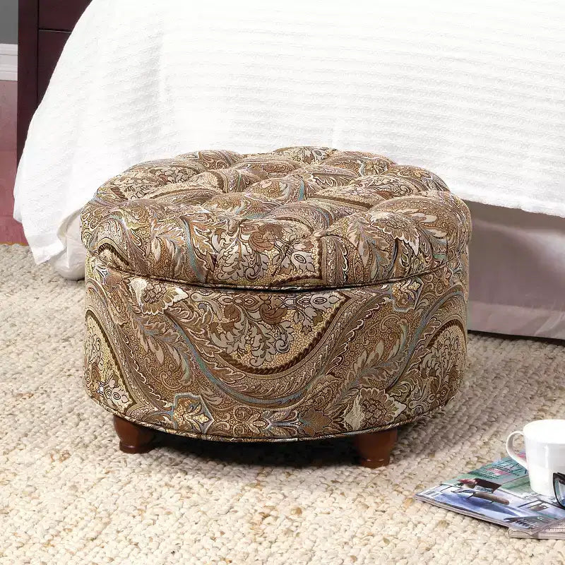 Pouf de rangement rond capitonné motif cachemire marron