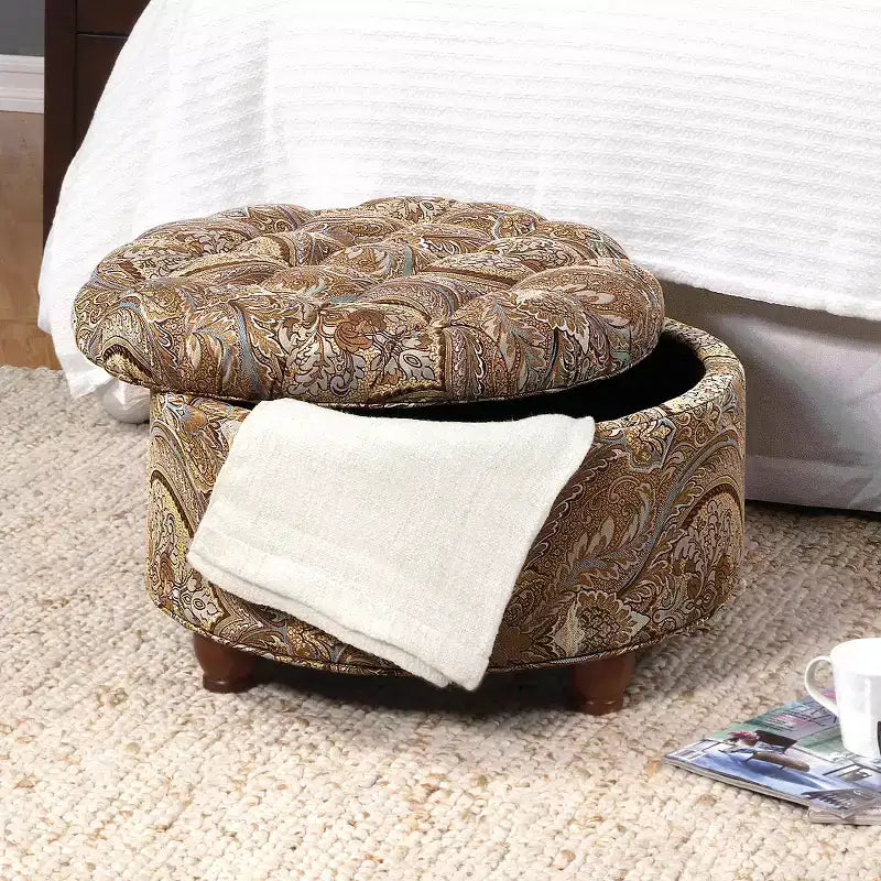 Pouf de rangement rond capitonné motif cachemire marron