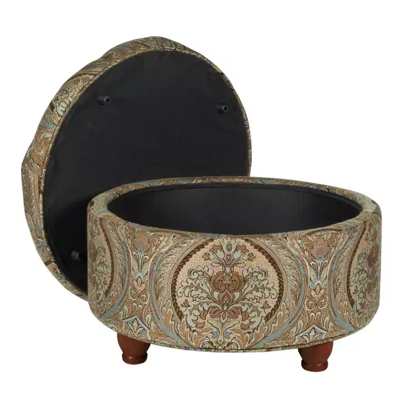 Pouf de rangement rond capitonné motif cachemire marron