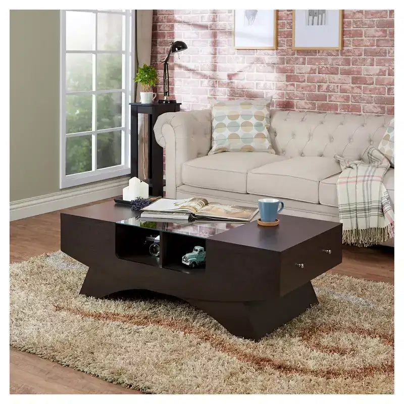 Table basse multi-rangements en noyer avec plateau en verre trempé