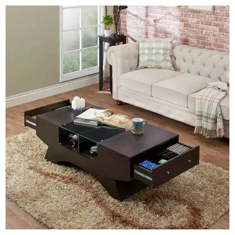 Table basse multi-rangements en noyer avec plateau en verre trempé