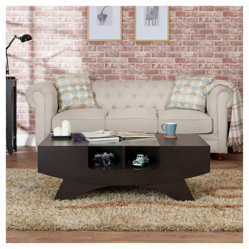 Table basse multi-rangements en noyer avec plateau en verre trempé
