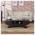 Table basse multi-rangements en noyer avec plateau en verre trempé