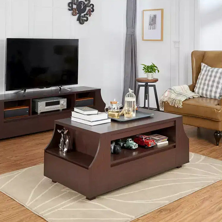Table basse multi-rangements contemporaine avec étagères latérales, Noyer