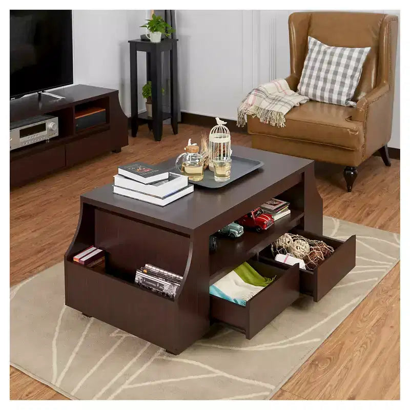 Table basse multi-rangements contemporaine avec étagères latérales, Noyer