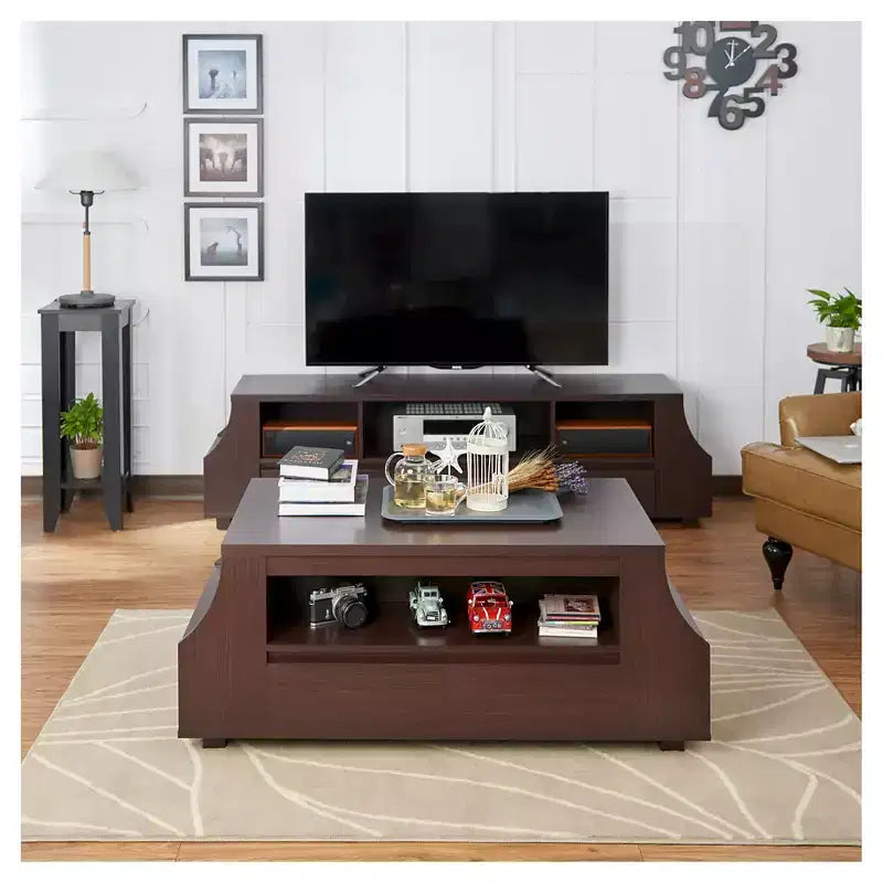 Table basse multi-rangements contemporaine avec étagères latérales, Noyer