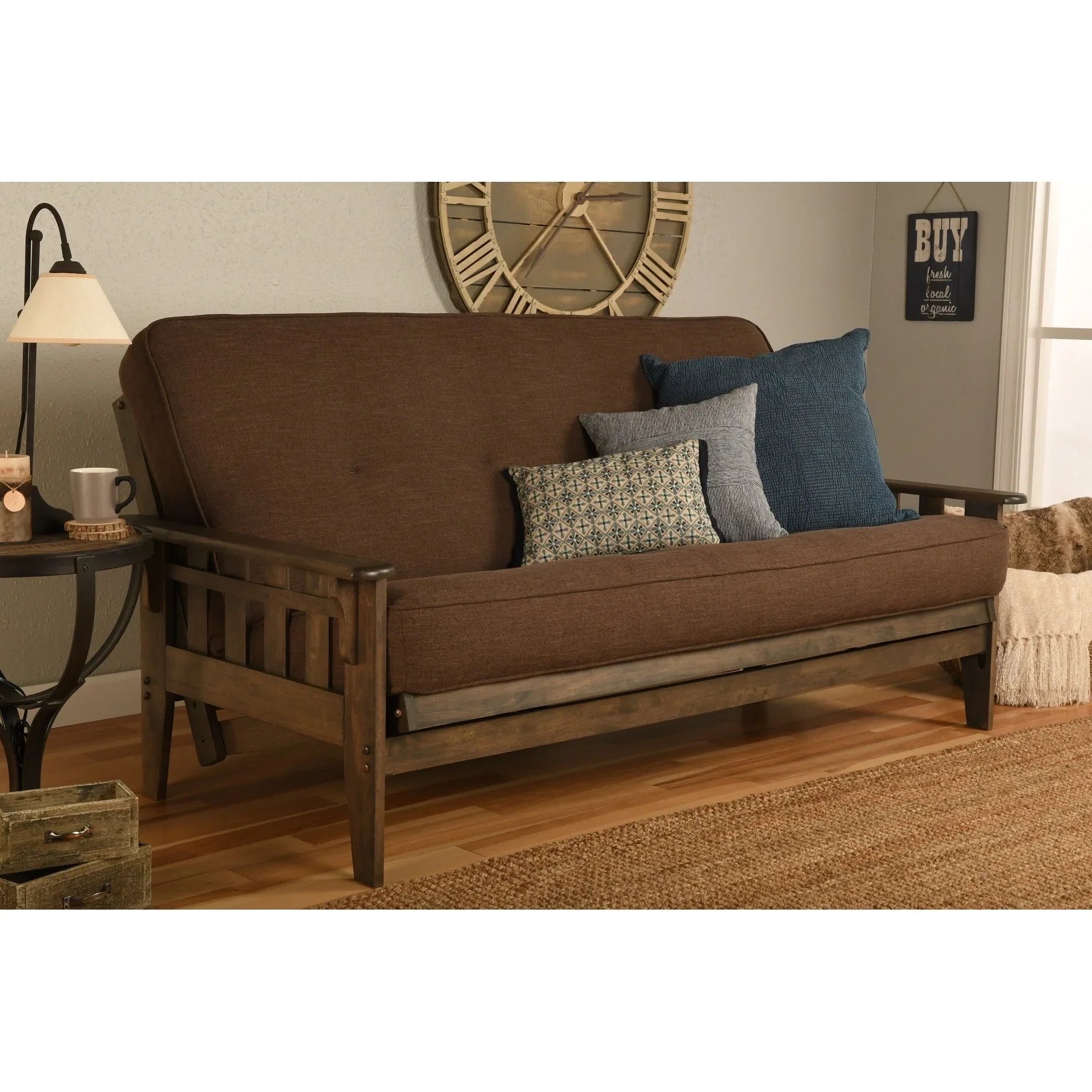 Ensemble futon rustique en noyer grand format avec matelas