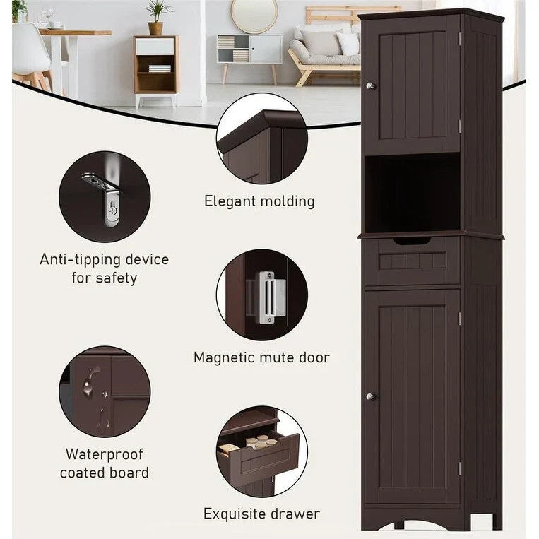 Meuble de Salle de Bain Haut de 170 cm, Colonne de Rangement Étroite avec 2 Portes et Tiroir