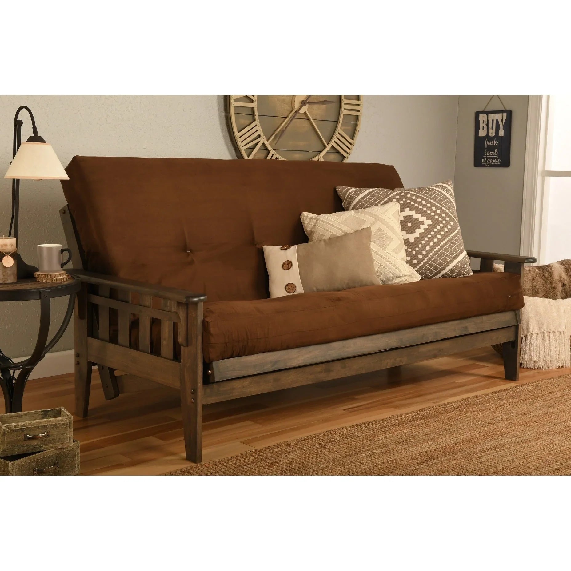 Ensemble futon rustique en noyer grand format avec matelas