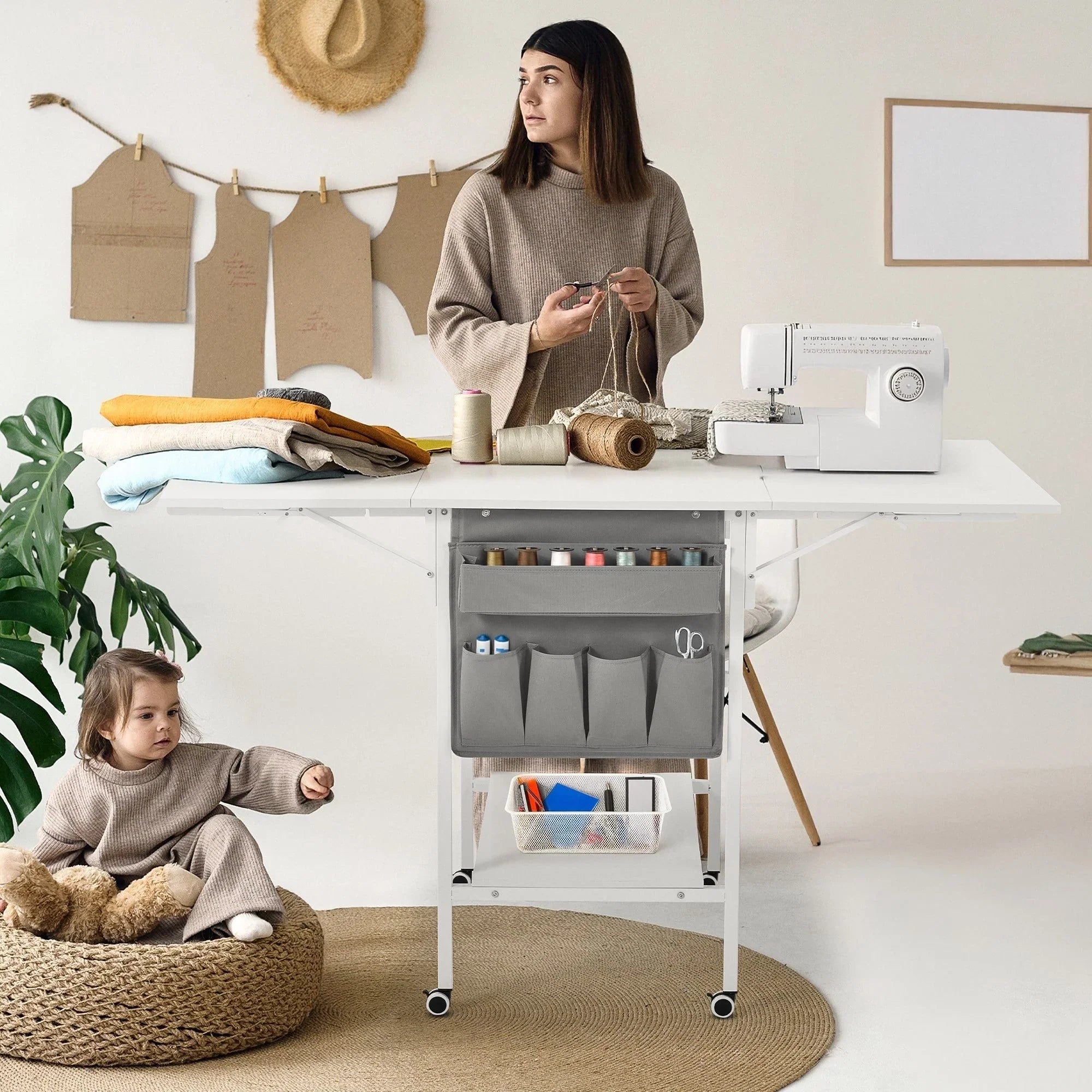 Table artisanale réglable en hauteur avec étagères de rangement, table de coupe pliante mobile pour bureau à domicile, salle de couture, salle d'artisanat