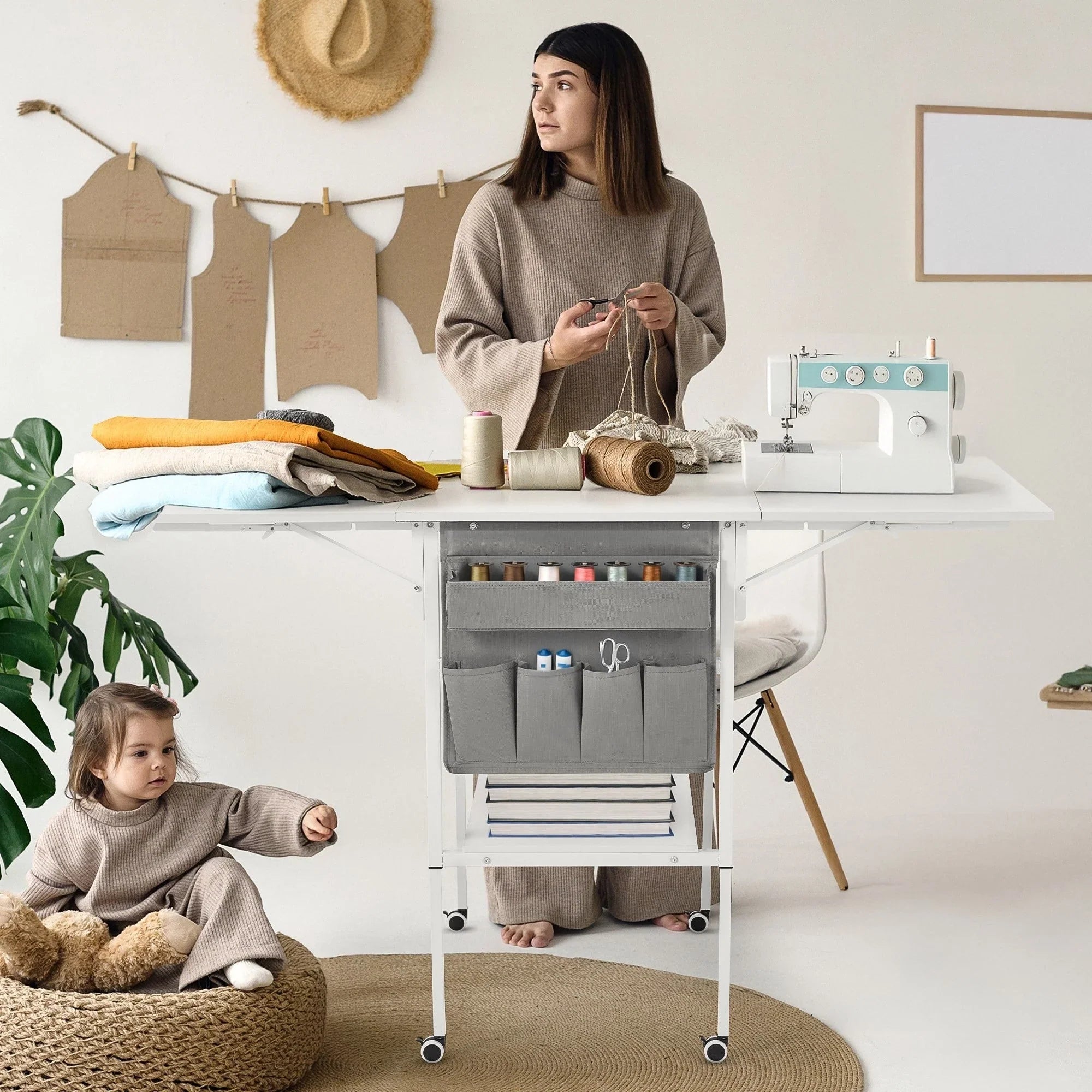 Table artisanale réglable en hauteur avec étagères de rangement, table de coupe pliante mobile pour bureau à domicile, salle de couture, salle d'artisanat