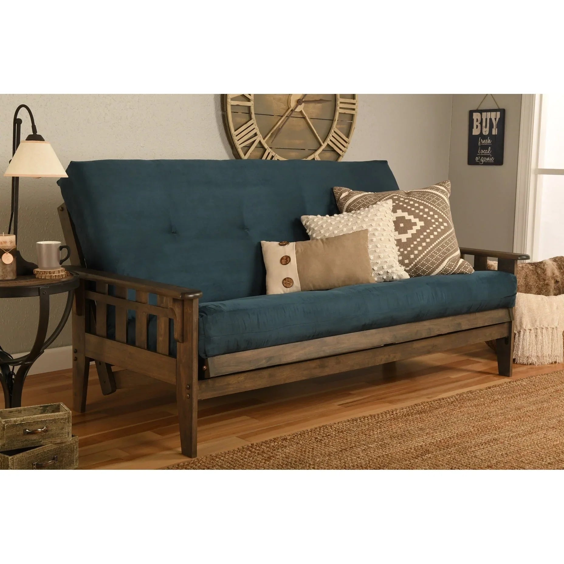 Ensemble futon rustique en noyer grand format avec matelas