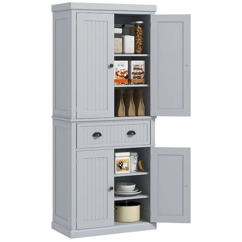 Meuble de rangement de cuisine autoportant traditionnel de 72 pouces avec 4 portes et 3 étagères réglables, grand tiroir central