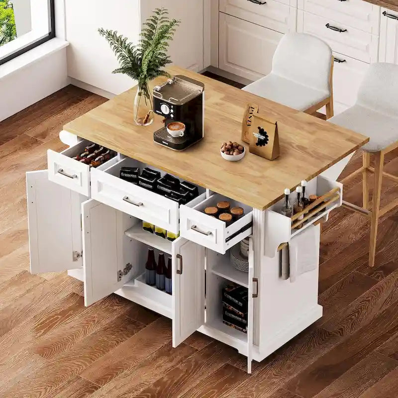 54 Grand îlot de cuisine avec plateau rabattable en bois d'hévéa, chariot de cuisine roulant à texture gaufrée sur 4 roues avec 4 portes et 3 tiroirs