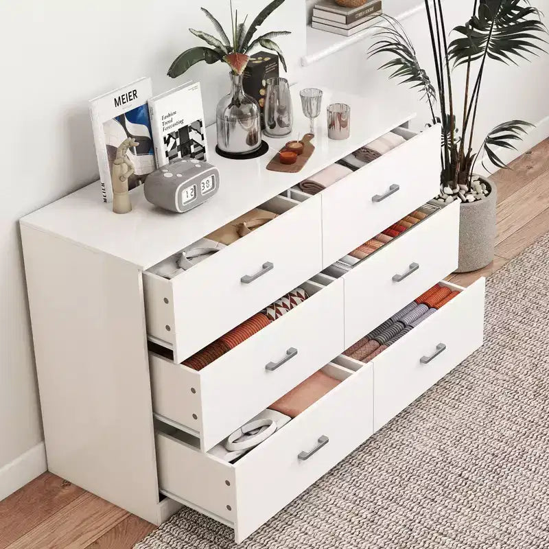 Commode 6 tiroirs pour chambre à coucher, meuble de rangement moderne avec poignées métalliques, MDF, blanc