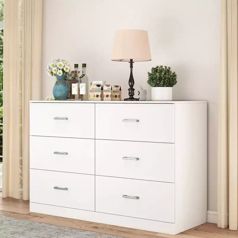Commode 6 tiroirs pour chambre à coucher, meuble de rangement moderne avec poignées métalliques, MDF, blanc