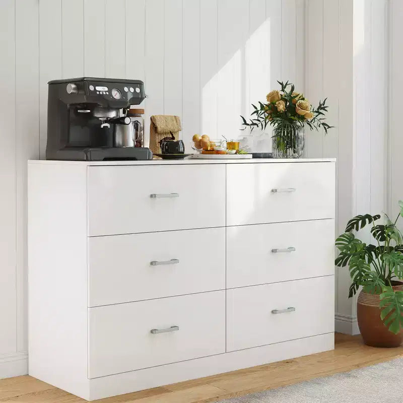 Commode 6 tiroirs pour chambre à coucher, meuble de rangement moderne avec poignées métalliques, MDF, blanc