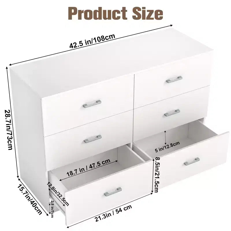 Commode 6 tiroirs pour chambre à coucher, meuble de rangement moderne avec poignées métalliques, MDF, blanc
