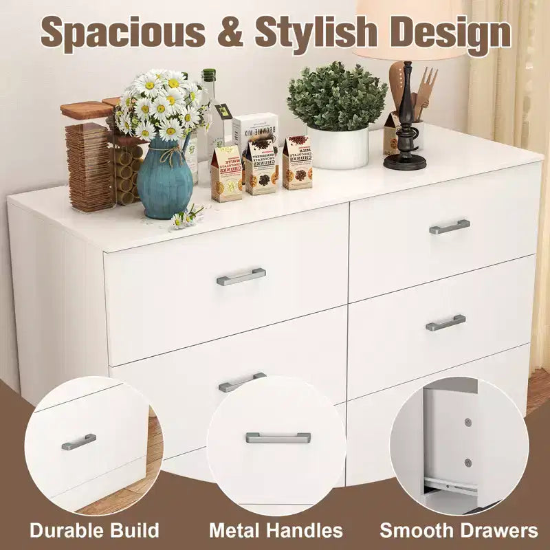 Commode 6 tiroirs pour chambre à coucher, meuble de rangement moderne avec poignées métalliques, MDF, blanc