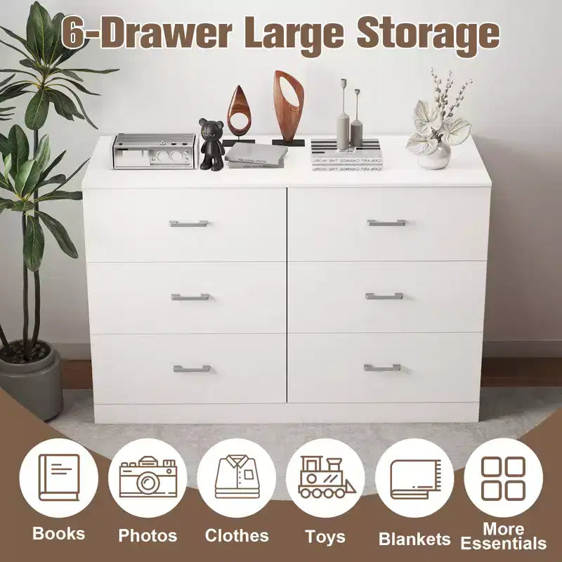 Commode 6 tiroirs pour chambre à coucher, meuble de rangement moderne avec poignées métalliques, MDF, blanc