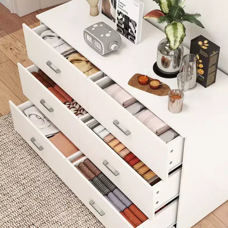 Commode 6 tiroirs pour chambre à coucher, meuble de rangement moderne avec poignées métalliques, MDF, blanc