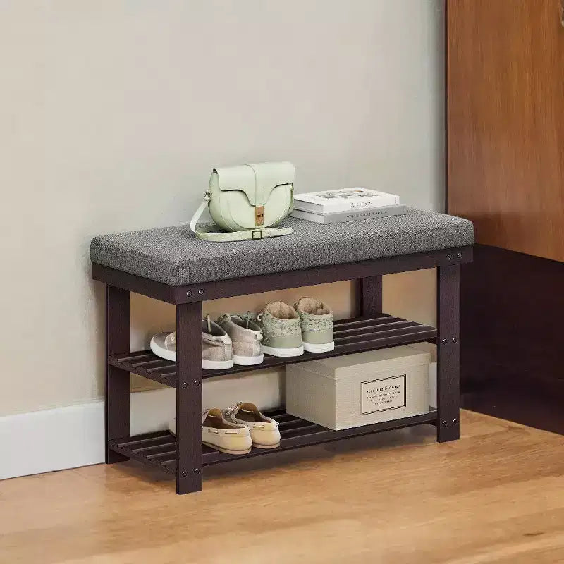 Banc à chaussures en bambou avec siège rembourré, étagère à chaussures à 3 niveaux, marron/gris, supporte jusqu'à 150 kg, 29 x 71 x 49 cm
