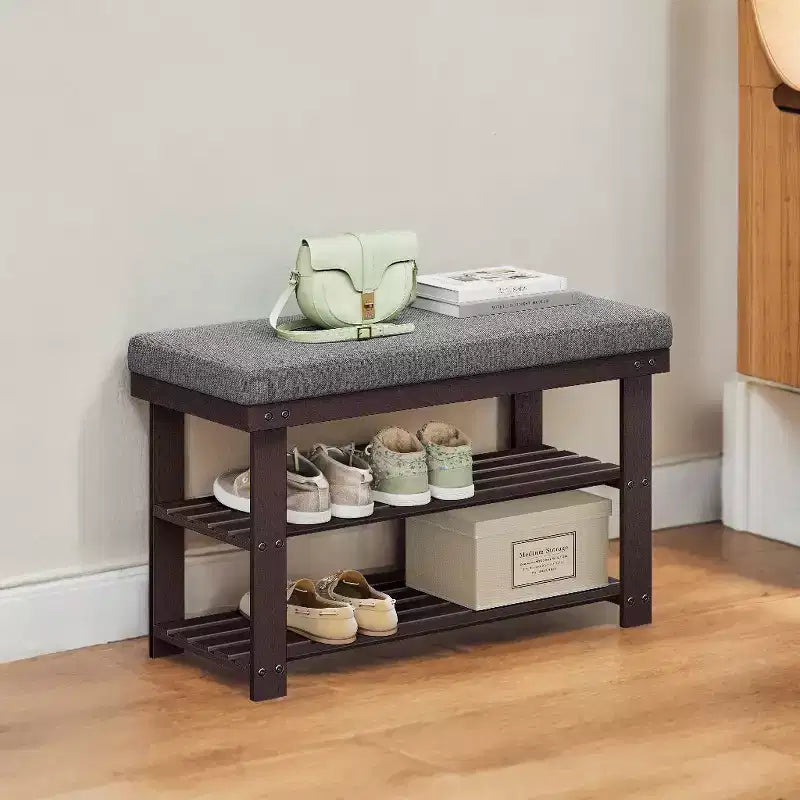 Banc à chaussures en bambou avec siège rembourré, étagère à chaussures à 3 niveaux, marron/gris, supporte jusqu'à 150 kg, 29 x 71 x 49 cm