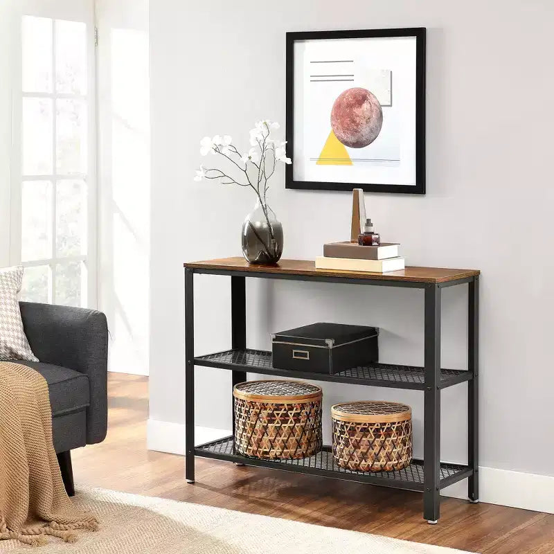 Console industrielle 40", table d'entrée à 3 niveaux avec étagère de rangement, table de canapé étroite