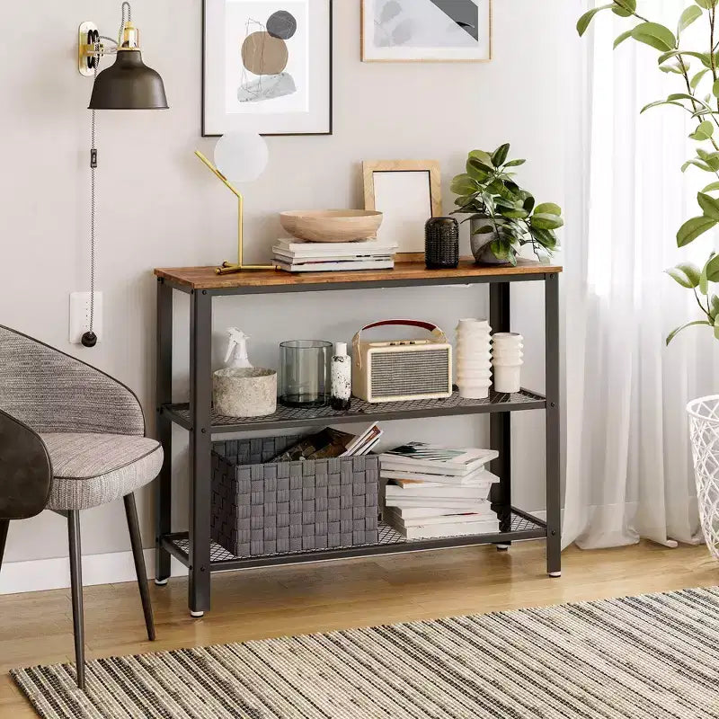 Console industrielle 40", table d'entrée à 3 niveaux avec étagère de rangement, table de canapé étroite