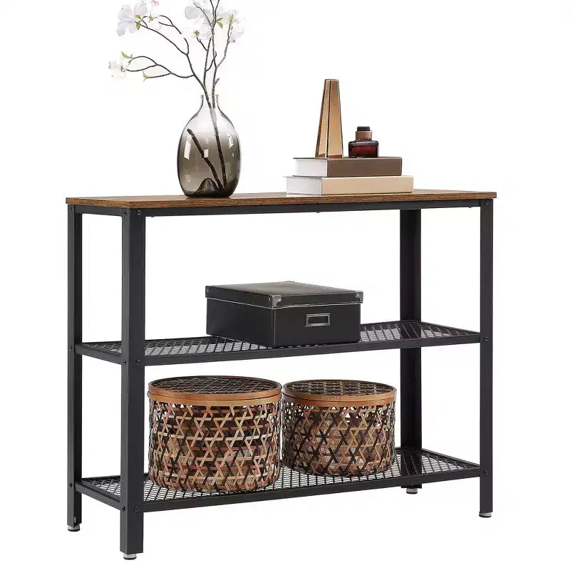 Console industrielle 40", table d'entrée à 3 niveaux avec étagère de rangement, table de canapé étroite