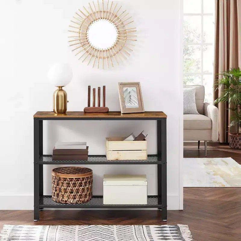 Console industrielle 40", table d'entrée à 3 niveaux avec étagère de rangement, table de canapé étroite