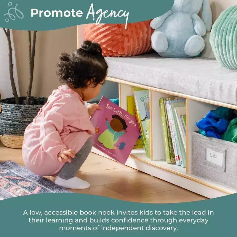 Coin lecture pour enfants - Banc de rangement avec étagère et casiers pour livres pour enfants