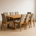 Rectangular solid wood dining table set and 8 beige fabric chairs