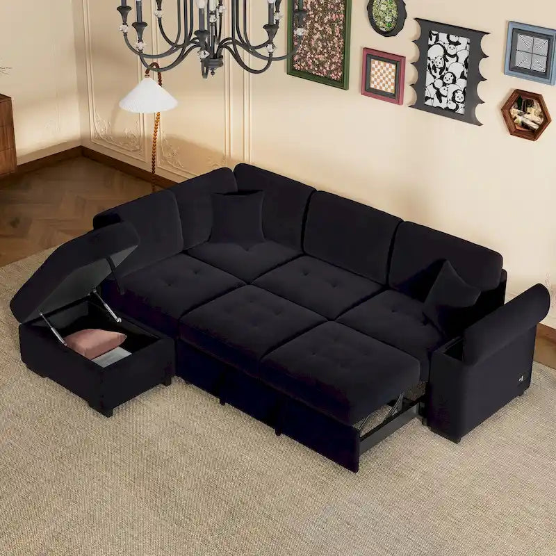 Canapé d'angle convertible 5 places en L 84,75 po avec pouf de rangement, rangement de bras dissimulé et chargement USB pour salon
