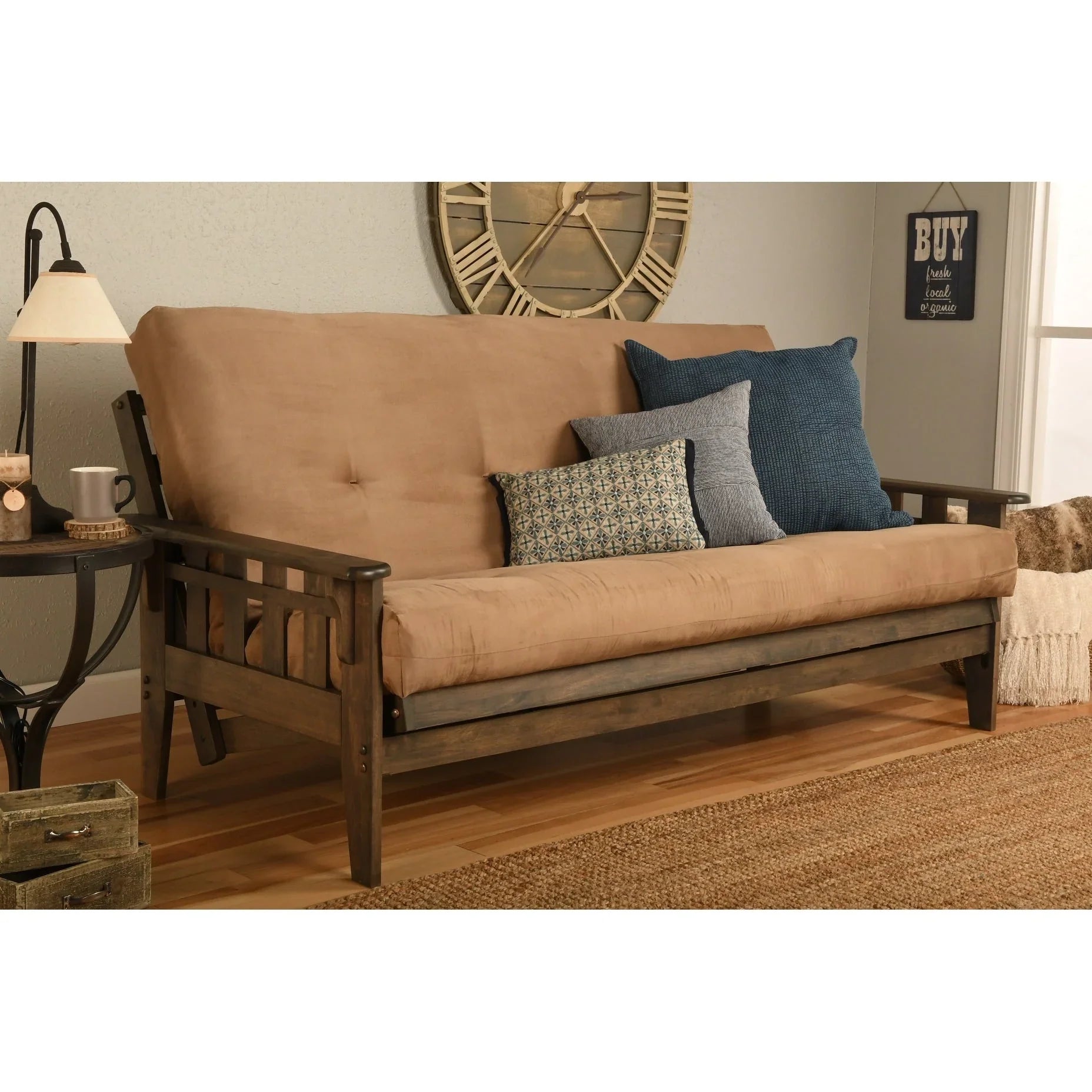 Ensemble futon rustique en noyer grand format avec matelas