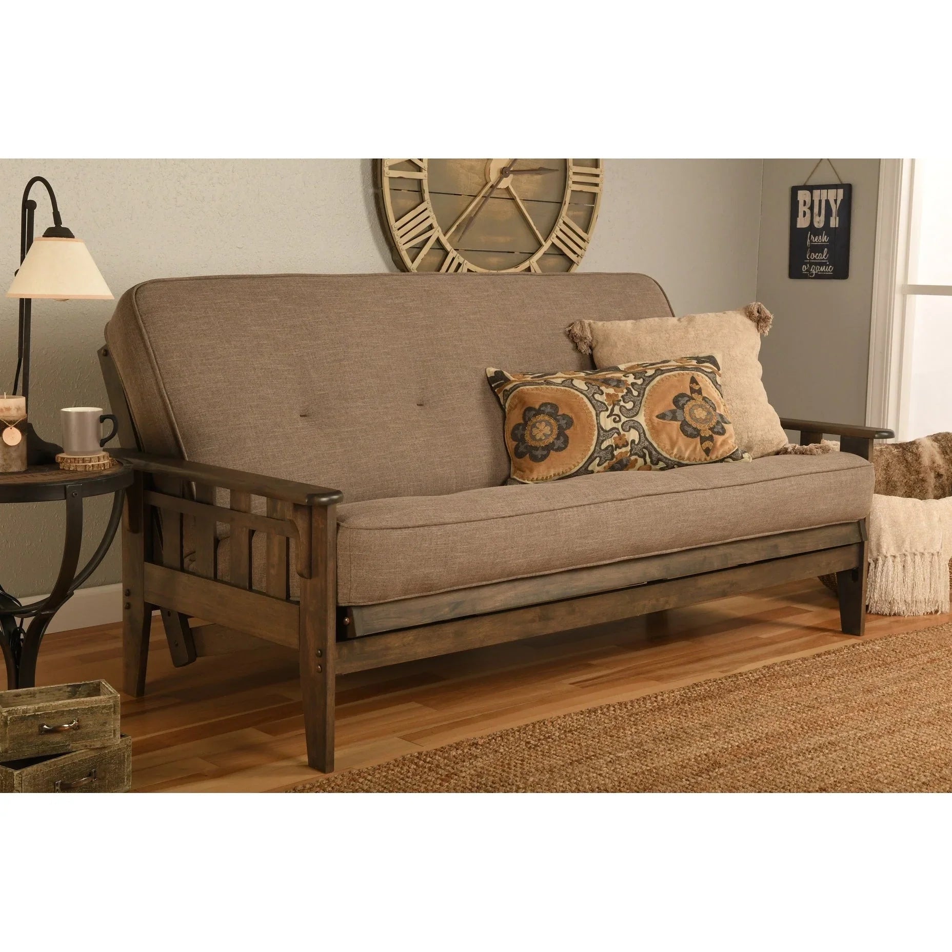 Ensemble futon rustique en noyer grand format avec matelas