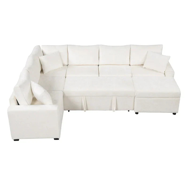 Canapé d'angle en chenille convertible, canapé-lit en forme de L avec pouf de rangement, 3 oreillers et dispositifs de charge